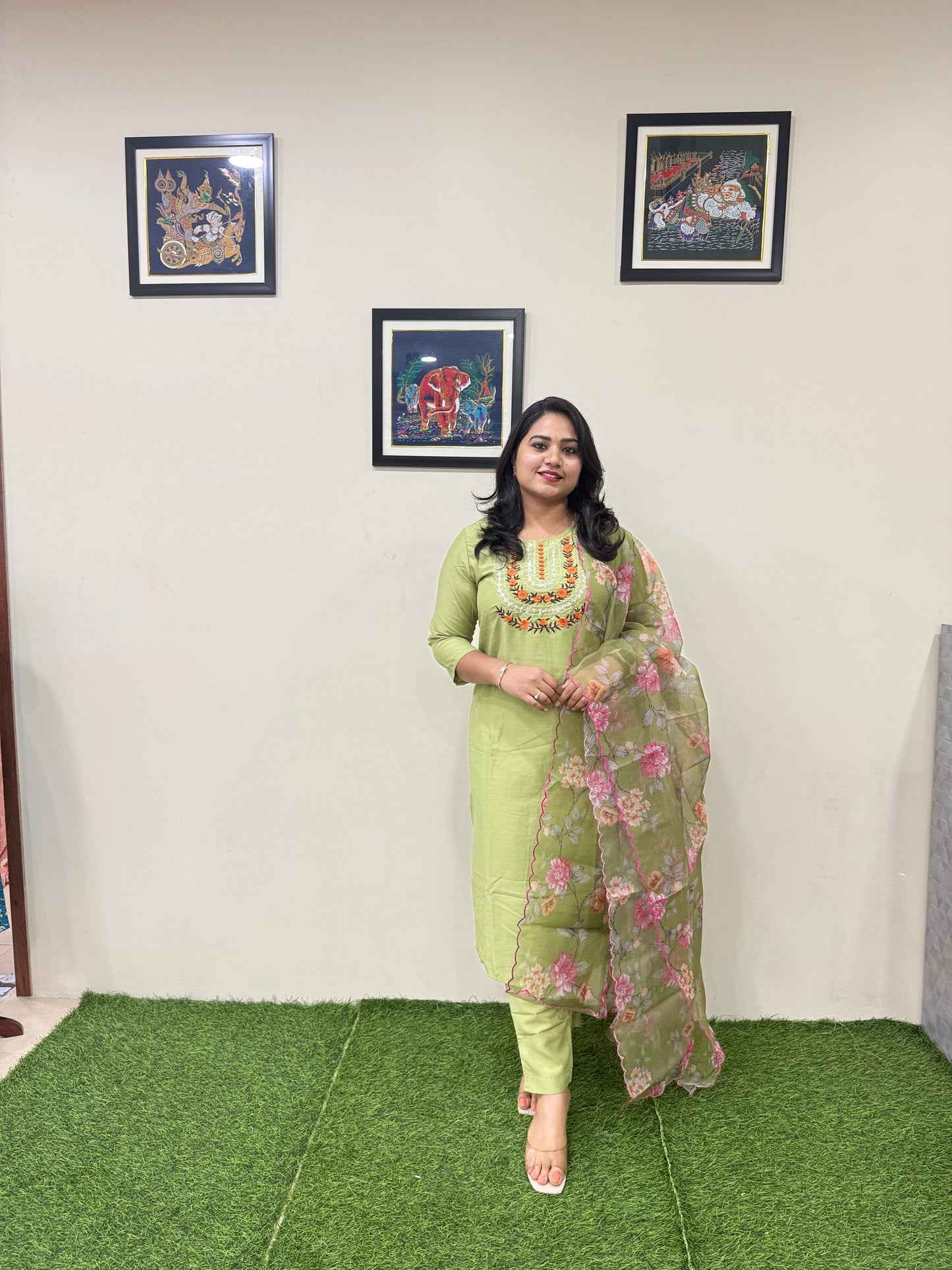 Embroidered Cotton Silk Kurti Pant Dupatta Set for Women with Organza Dupatta – Sizes 36 to 44