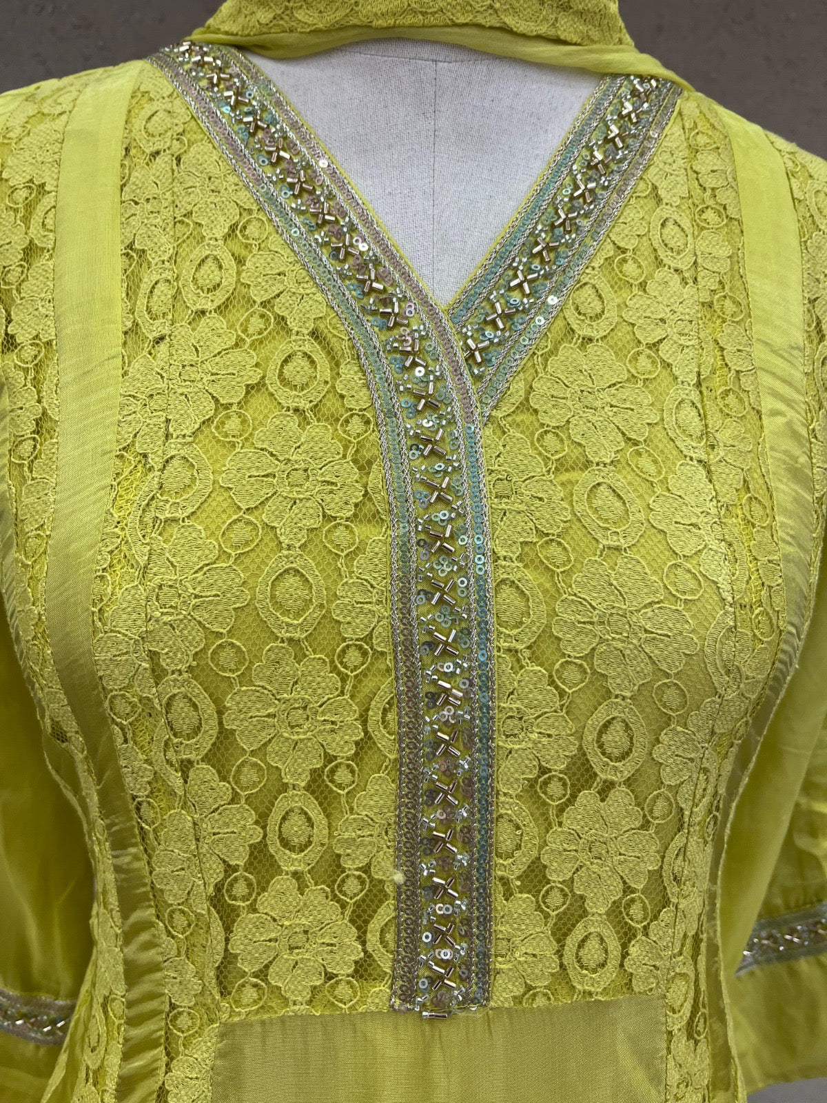 Glass organza and cotton schiffli kurta set with moti, sequence and cutdana work, cotton pant and chiffon dupatta – sizes 38–44