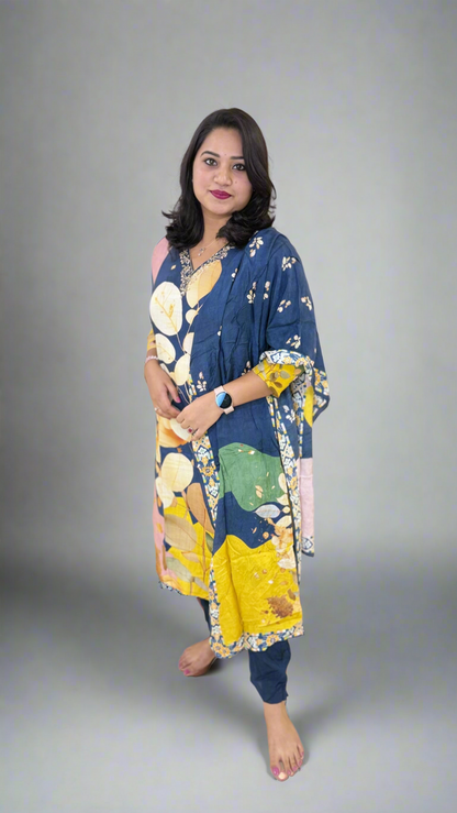 Pure Muslin Kurta Pant Dupatta Set with Handwork and Cotton Inner – Plus Sizes XL to 3XL