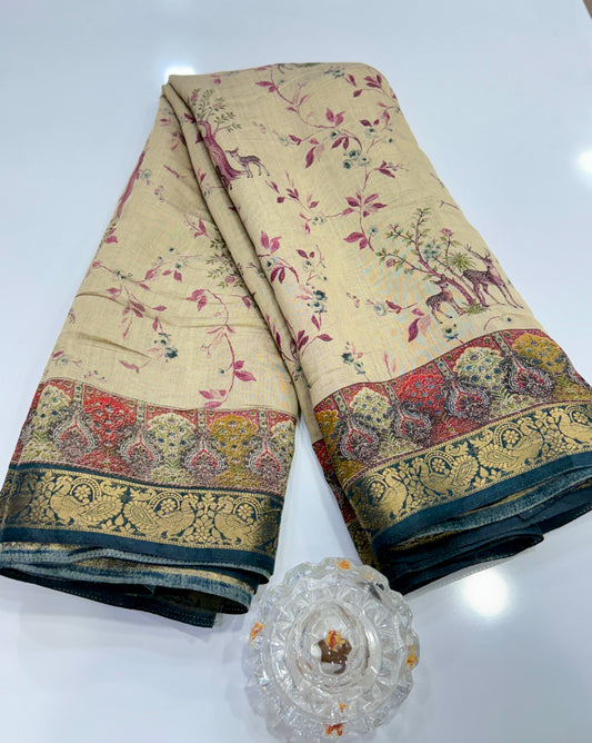 Chennuri silk style printed saree with traditional artwork border and unstitched blouse fabric for women