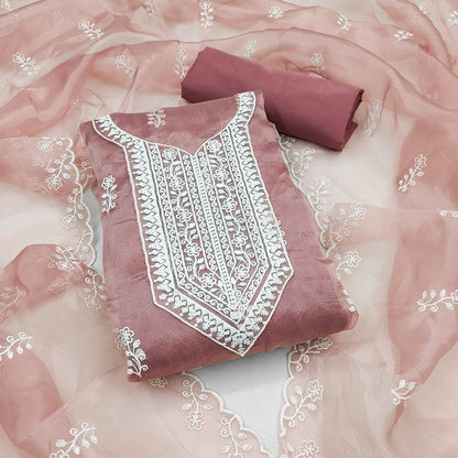 Unstitched Organza Silk Dress Material with Multi-Work Detailing, Micro Fabric Bottom and Organza Dupatta