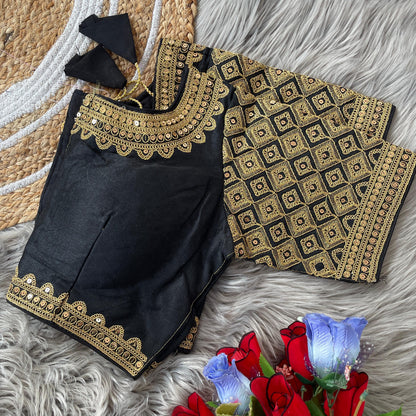 Soft Silk Front-Open Blouse with Heavy Sequins, Thread, Jari and Handwork for Women