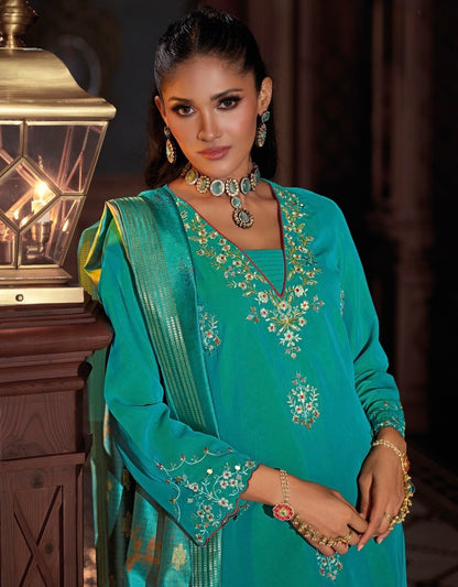 Viscose Silk Embroidered Kurta Plazzo Dupatta Set with Mirror Work and Printed Dupatta – XL & XXL