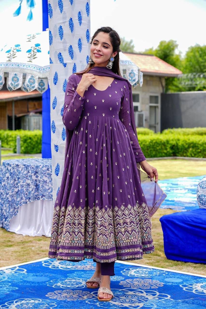 Purple Faux Georgette Embroidered Suit Set for Women with Lining – Sizes 42 and 44 Available