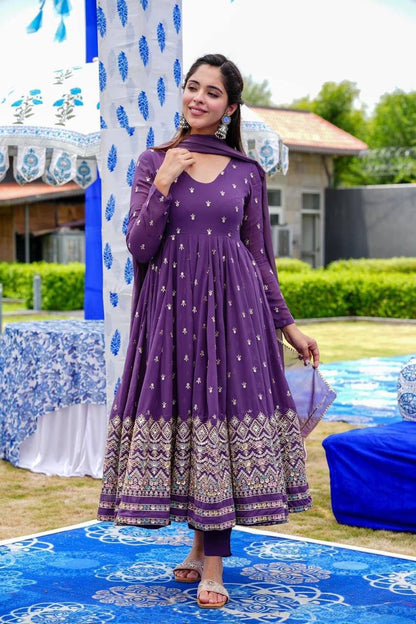 Purple Faux Georgette Embroidered Suit Set for Women with Lining – Sizes 42 and 44 Available