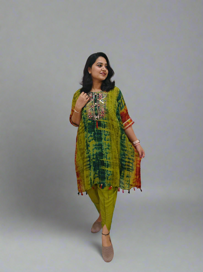 Habutai Silk Kaftan Kurti with Tulip Pant Set Featuring Mirror Embroidery and Tassels