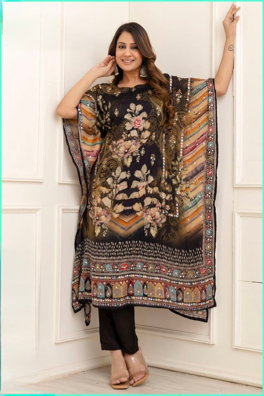 Chinnon Kaftan Set with Digital Print, Real Mirror and Swarovski Work for Women