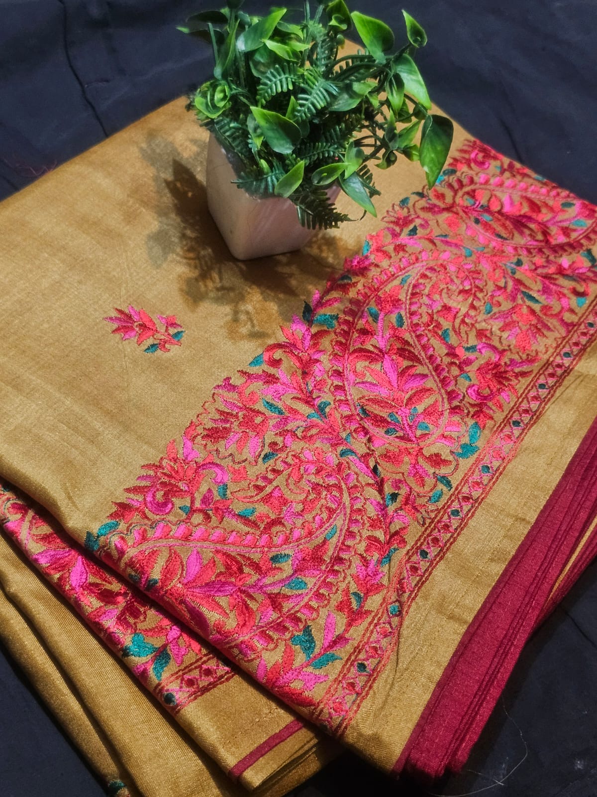 Semi Tussar Silk Saree with Heavy Kashmiri Embroidery and Contrast Red Blouse for Women