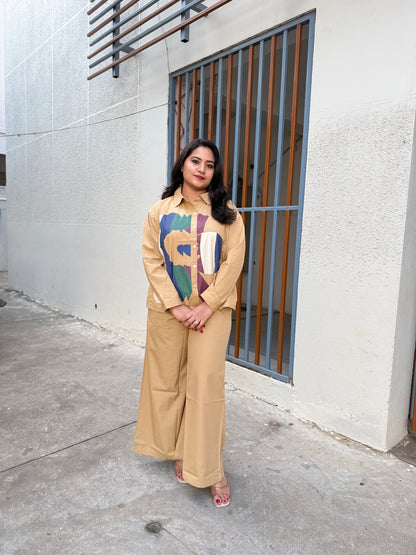 Premium Poplin Co-ord Set for Women with Abstract Print Shirt and Wide-Leg Pants – Smart Casual Outfit