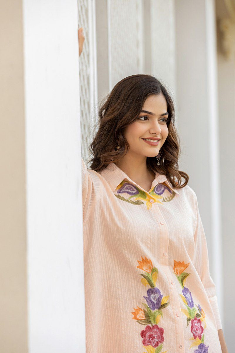 Cotton co-ord set for women with embroidered top and bottom – fully stitched ethnic casual wear