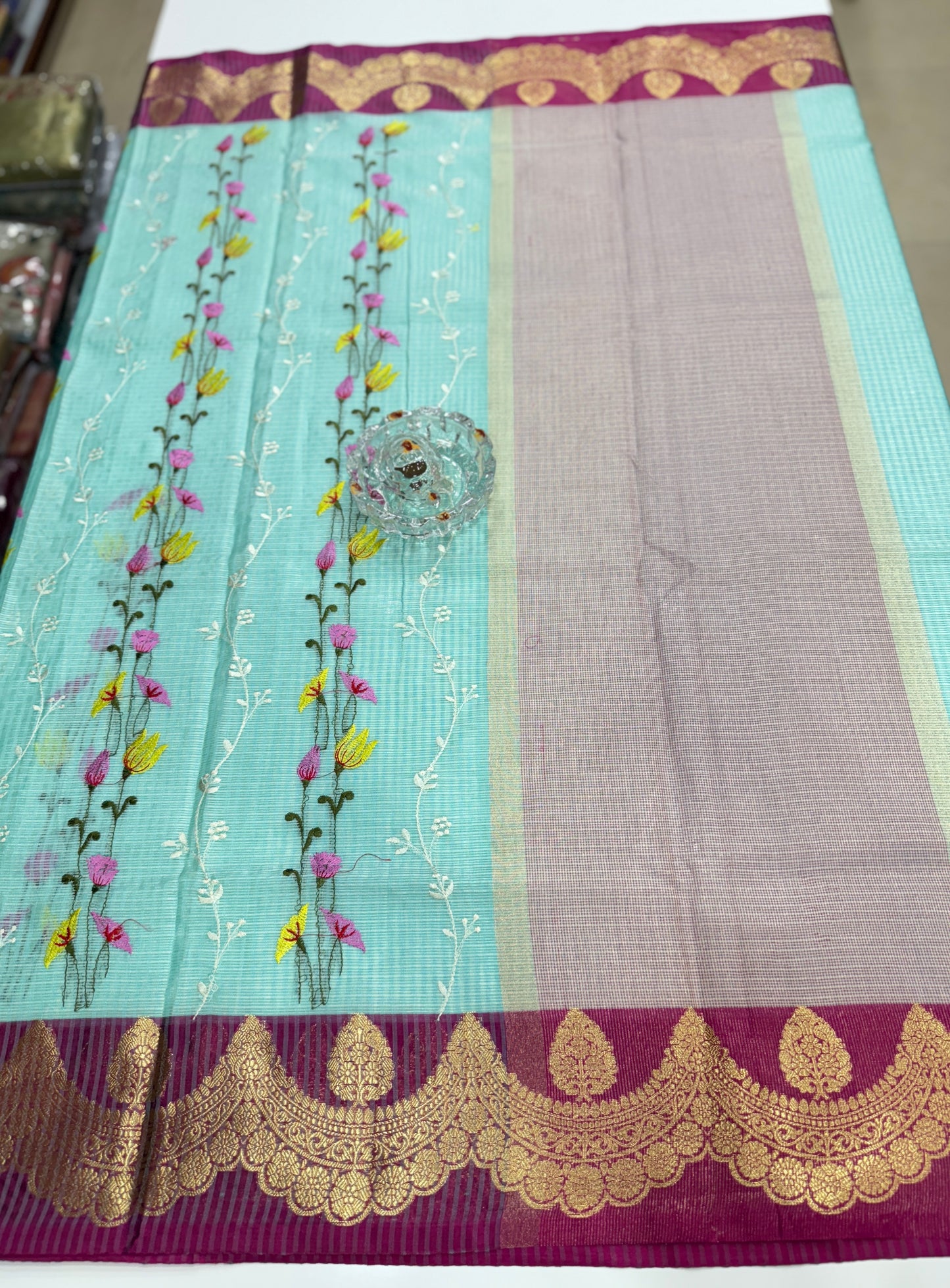 Banarasi handloom Kota check saree with mina embroidery, scalloped border and zari chit pallu