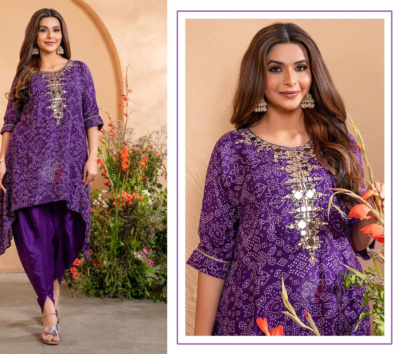 Dola Silk Kaftan Kurti with Tulip Pant for Women with Manual Mirror Embroidery - M and XXL