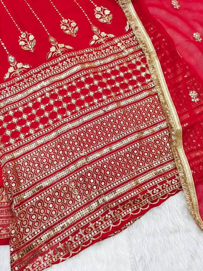 Red Georgette Slit Suit Set for Women with Dupatta and Bottom – Embellished Details – Sizes S to XXL