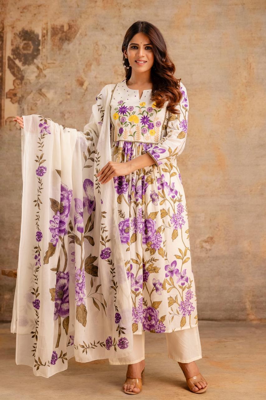 Women’s premium cotton kurta pant dupatta set with yoke embroidery – sizes 38 to 46