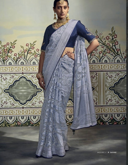 brasso print saree with fancy blouse