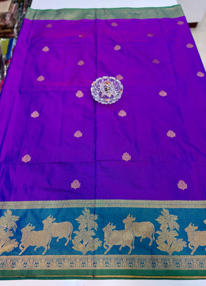 Handloom styled Silk Pichwai Saree with Woven Border and Contrast Blouse