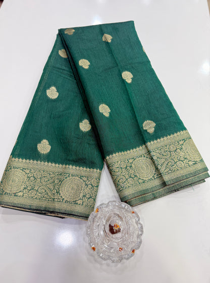 Modal silk saree with woven buttas and peacock pallu for women