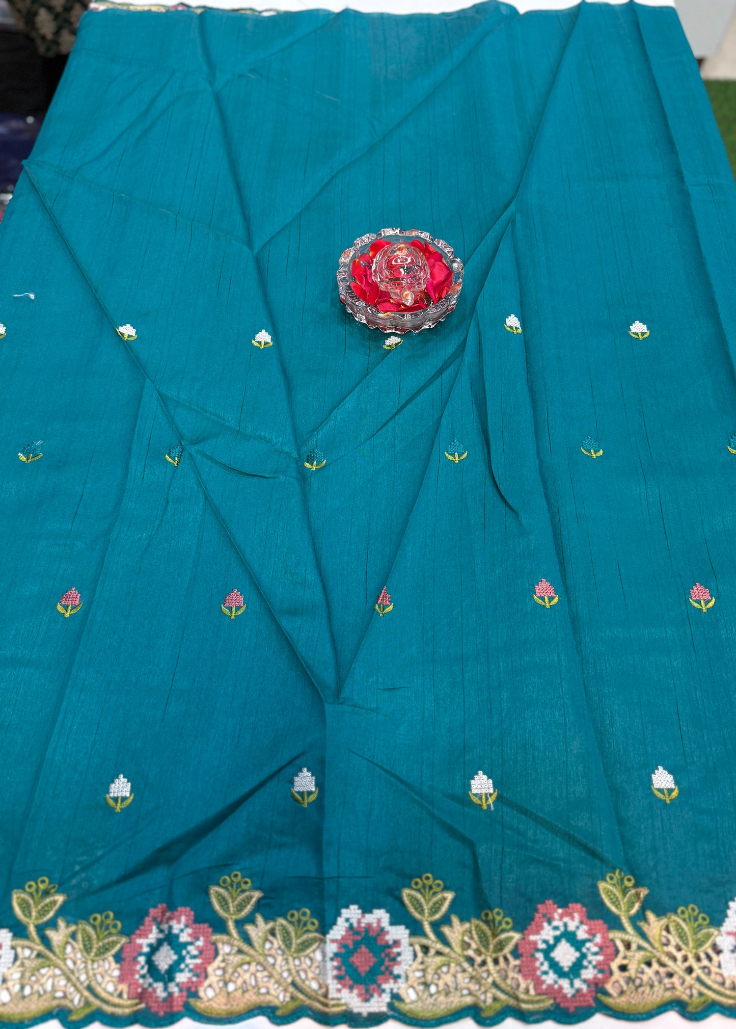 Matka Silk Saree with Embroidered Buttis, Cutwork Big Pallu, and All-Over Cutwork Panel