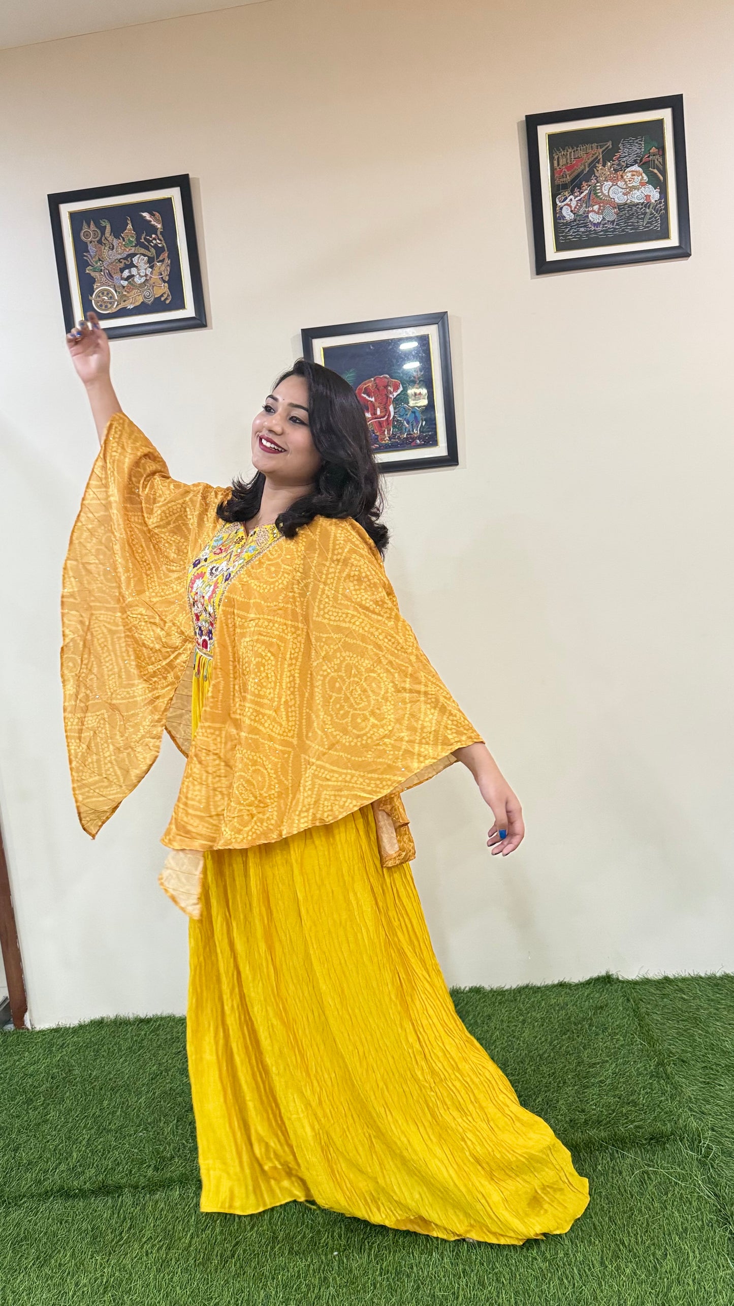 Real Chinon Silk 3-Piece Ethnic Set with Hand Moti Embroidery and Digital Sleeves – Free Size