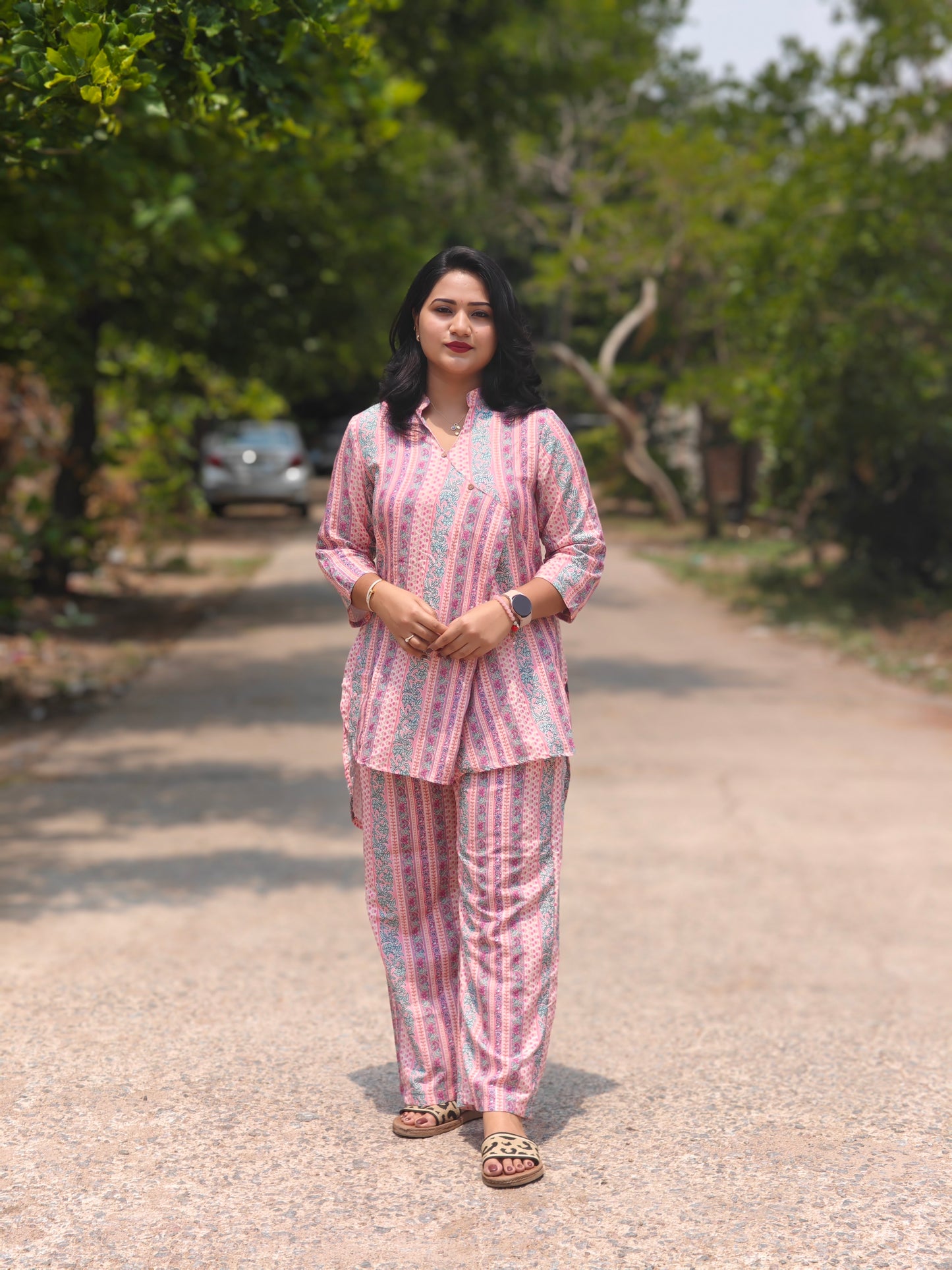 Pink Multicolor Printed Loungewear Co-Ord Set for Women – Relaxed Fit Top with Palazzo