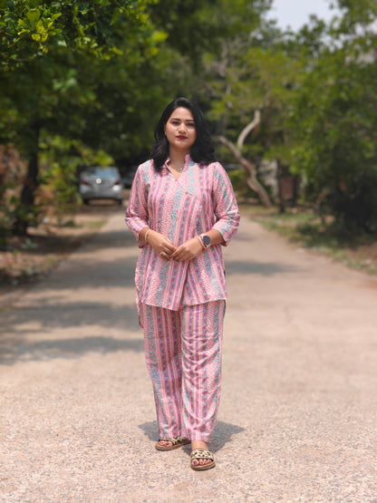 Pink Multicolor Printed Loungewear Co-Ord Set for Women – Relaxed Fit Top with Palazzo