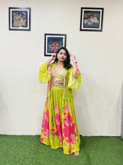 Faux Georgette Designer Lehenga Set with Mirror Work, Zari Detailing and Cowrie Shell Jacket