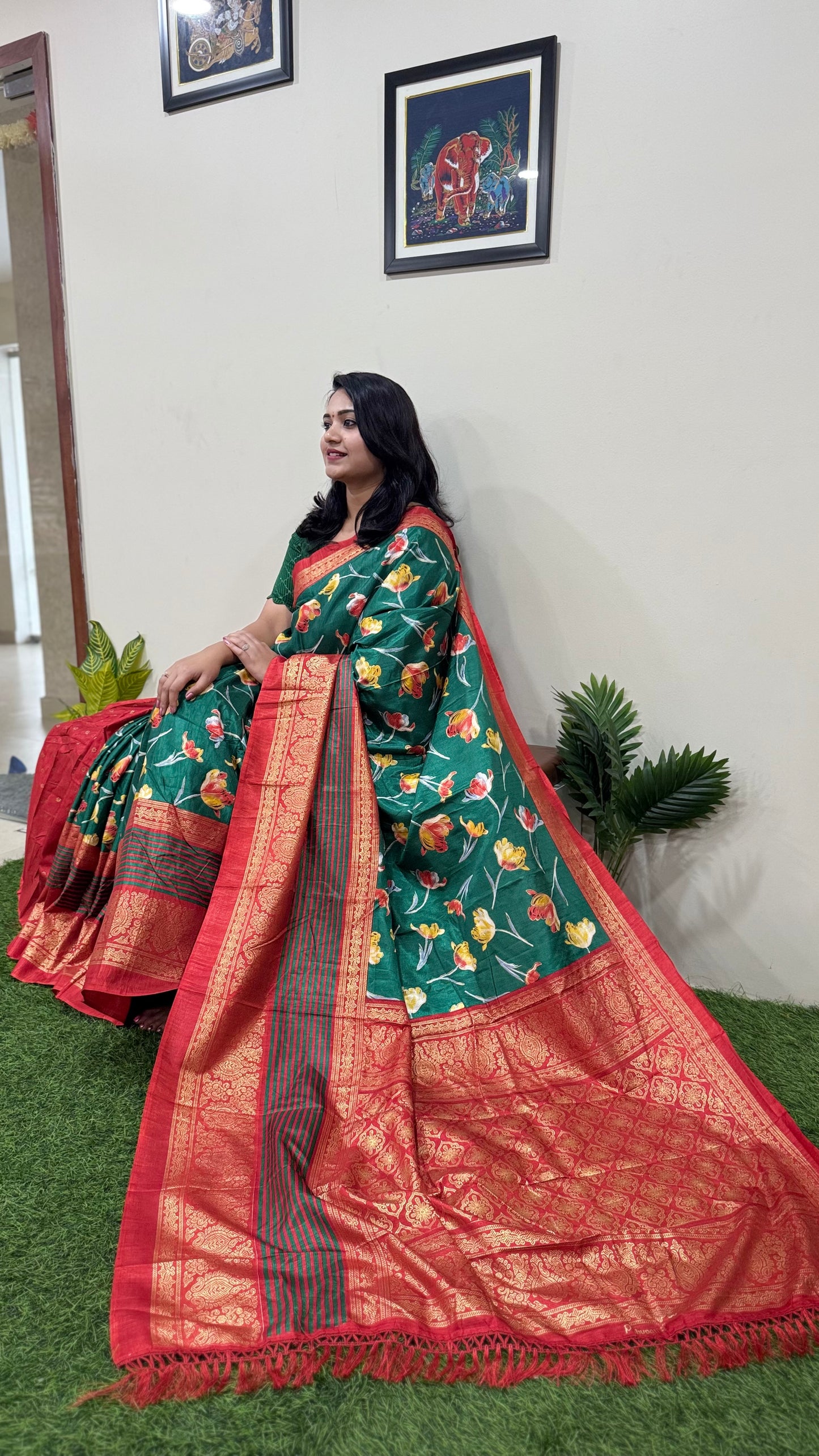 Dola Silk Saree with Kalamkari Patola Digital Print and Gold Zari Foil Border