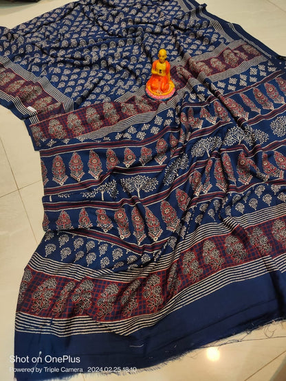 Semi Modal Silk Saree with Hand Block Prints and Contrast Blouse for Women