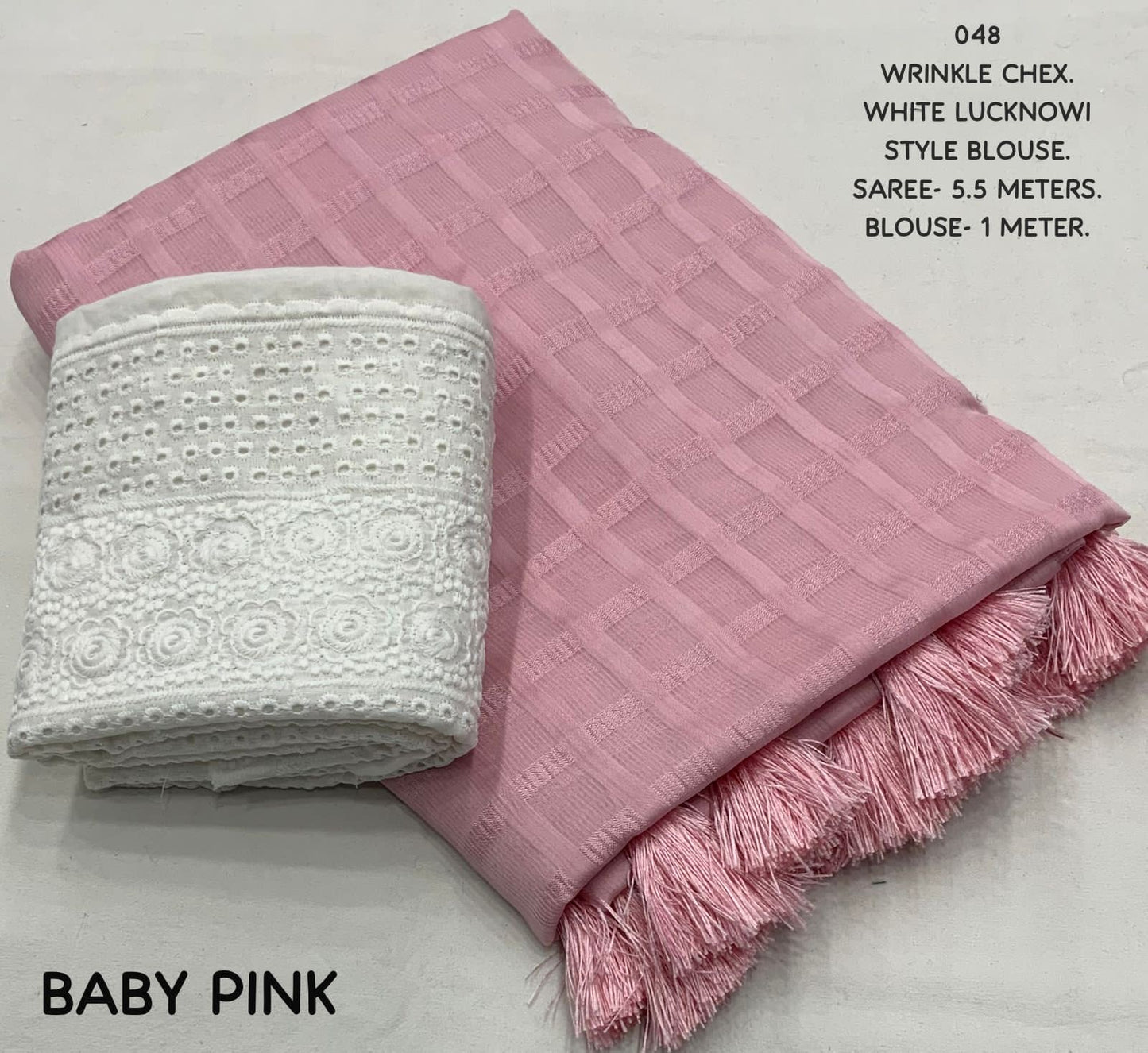 Wrinkle Chex Soft Georgette Saree with Tassel Pallu and Lucknowi White Blouse Piece