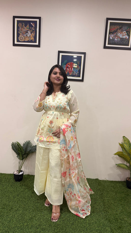 Viscose Shimmer Zari Silk Kurta Plazo Dupatta Set with Handwork and Digital Print Dupatta – Sizes XL to 3XL