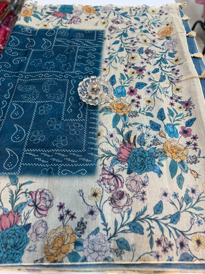 Cotton Chanderi Silk Floral Printed Saree with Blouse Piece