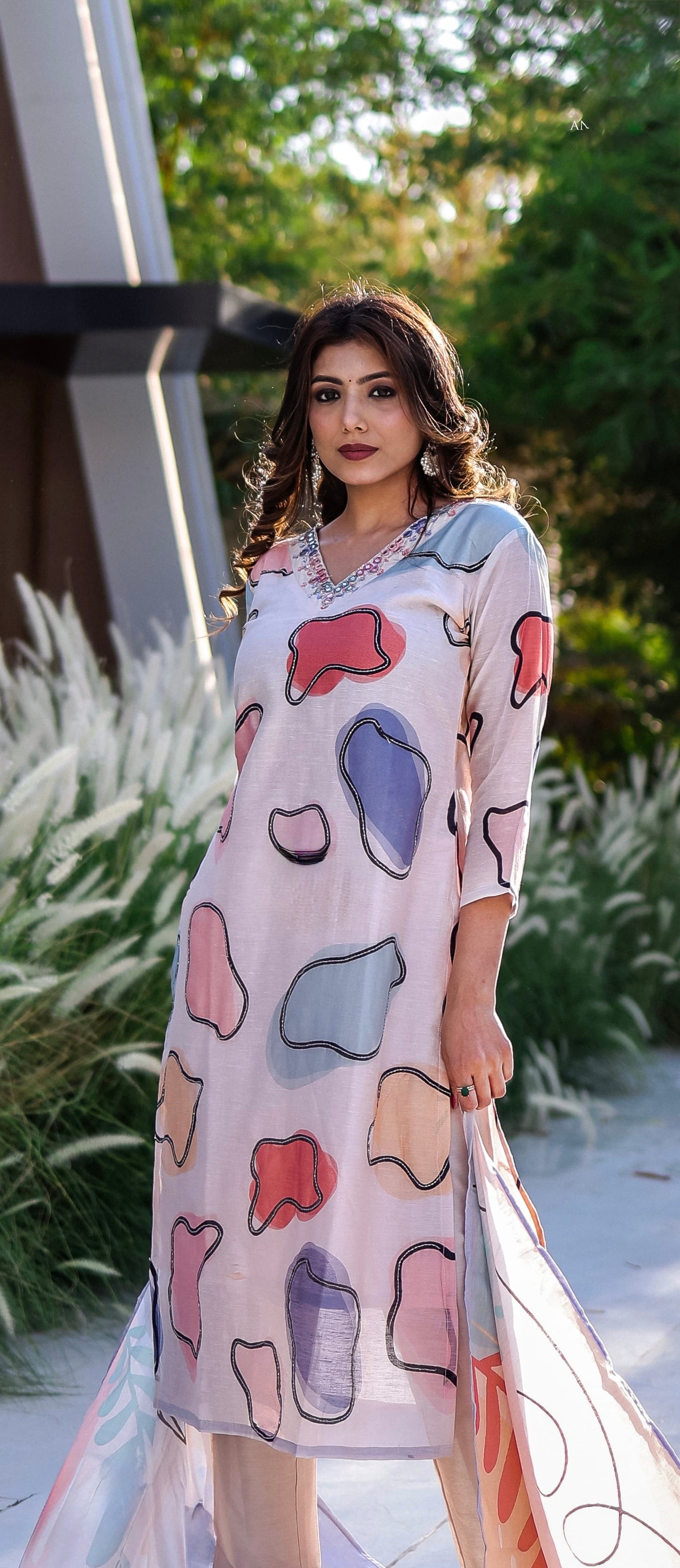 Pure Linen Kurti Pant Set with Handwork and Digital Print Dupatta for Women