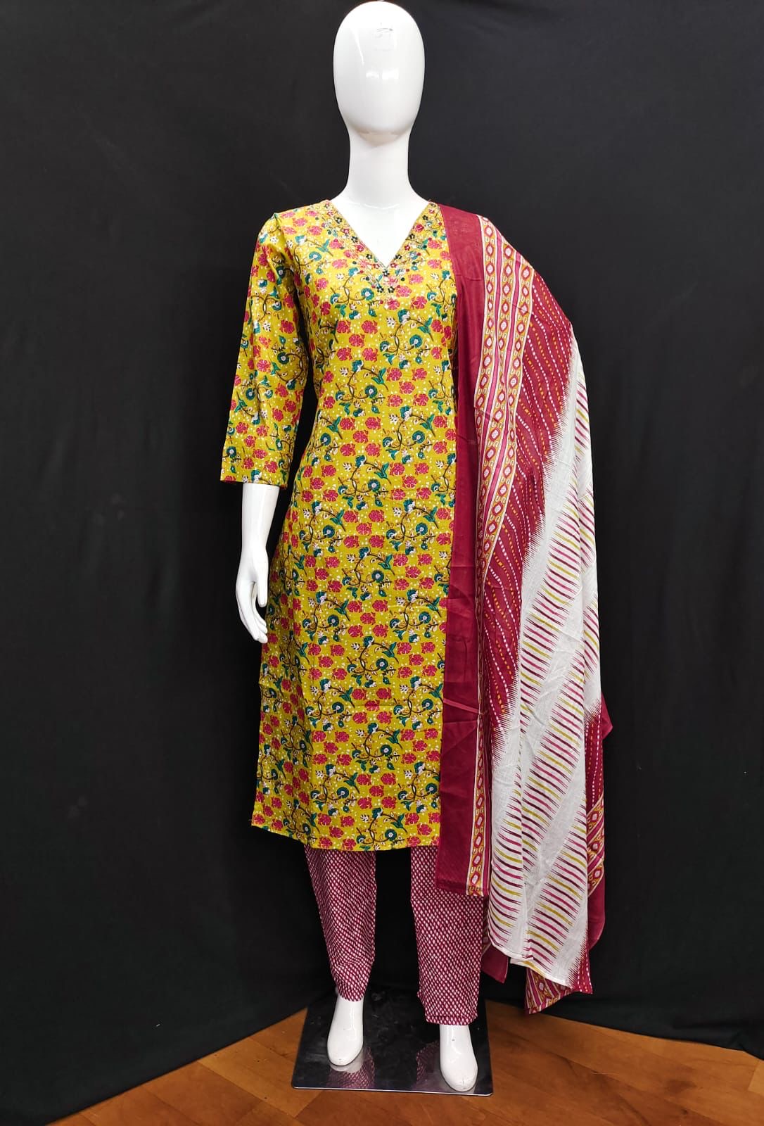 Cotton Kurti Pant Dupatta Set with Handwork and Mirror Detailing for Women