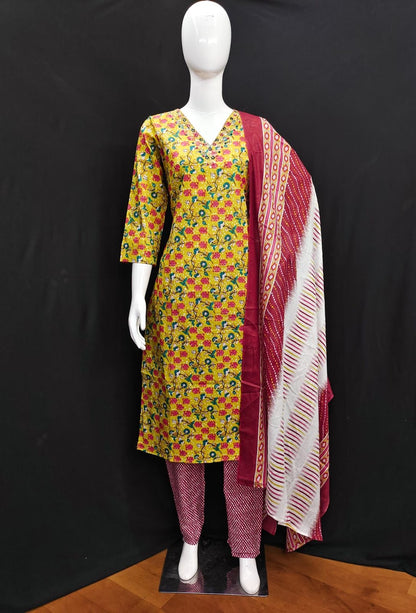 Cotton Kurti Pant Dupatta Set with Handwork and Mirror Detailing for Women
