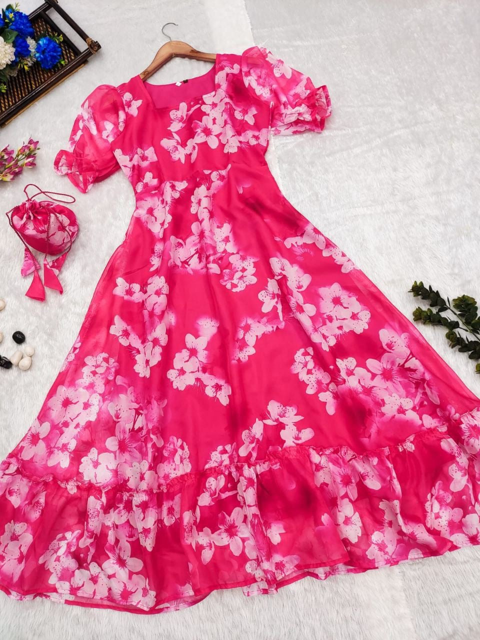 Hot Pink Tabby Organza Maxi Dress for Women with Flare and Square Neck – M to XXL