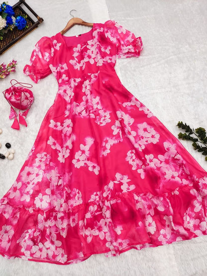 Hot Pink Tabby Organza Maxi Dress for Women with Flare and Square Neck – M to XXL