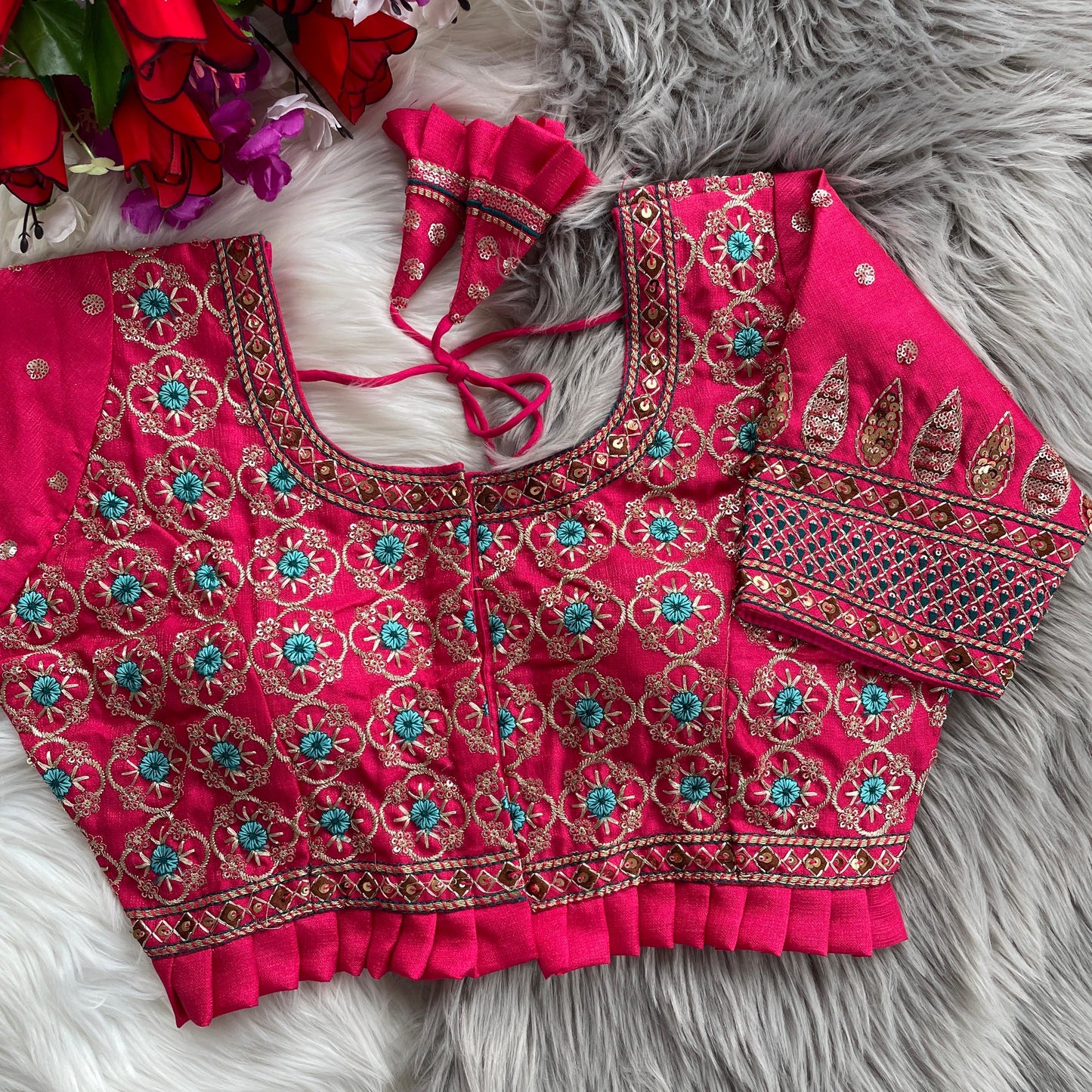 Bridal Blouse in Heavy Pure Soft Cobra Silk with Sequins Embroidery and Latkan Detailing