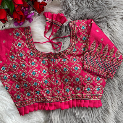 Bridal Blouse in Heavy Pure Soft Cobra Silk with Sequins Embroidery and Latkan Detailing