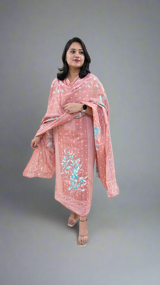 Unstitched Pure Cotton Suit Material with Handwork, Printed Salwar and Mal Mal Cotton Dupatta