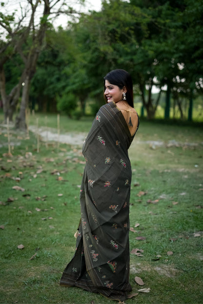 Handloom Tussar Silk Saree with Multicolour Kantha Stitch Border and Tassels – Women’s Ethnic Wear