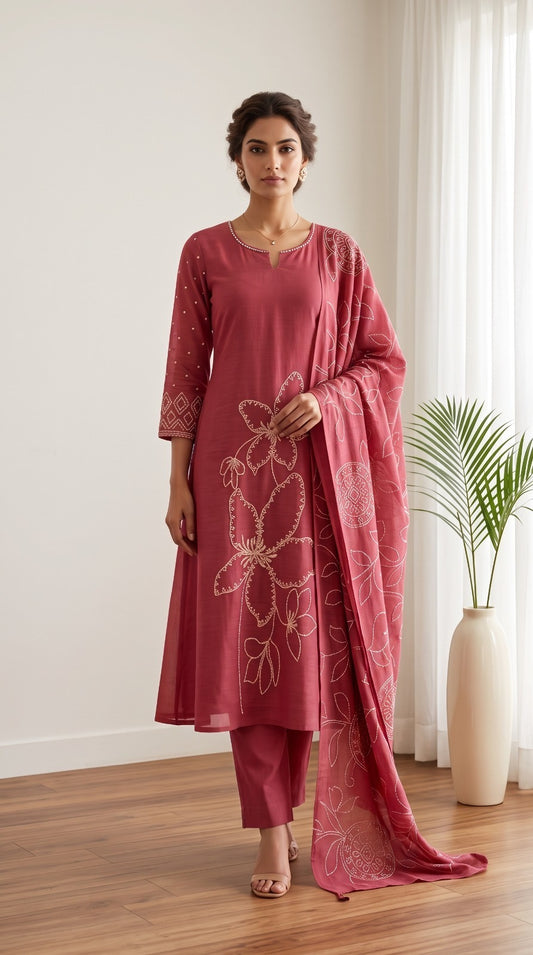 Embroidered Linen Blend Kurta Pant Dupatta Set for Women with Lining, Pink