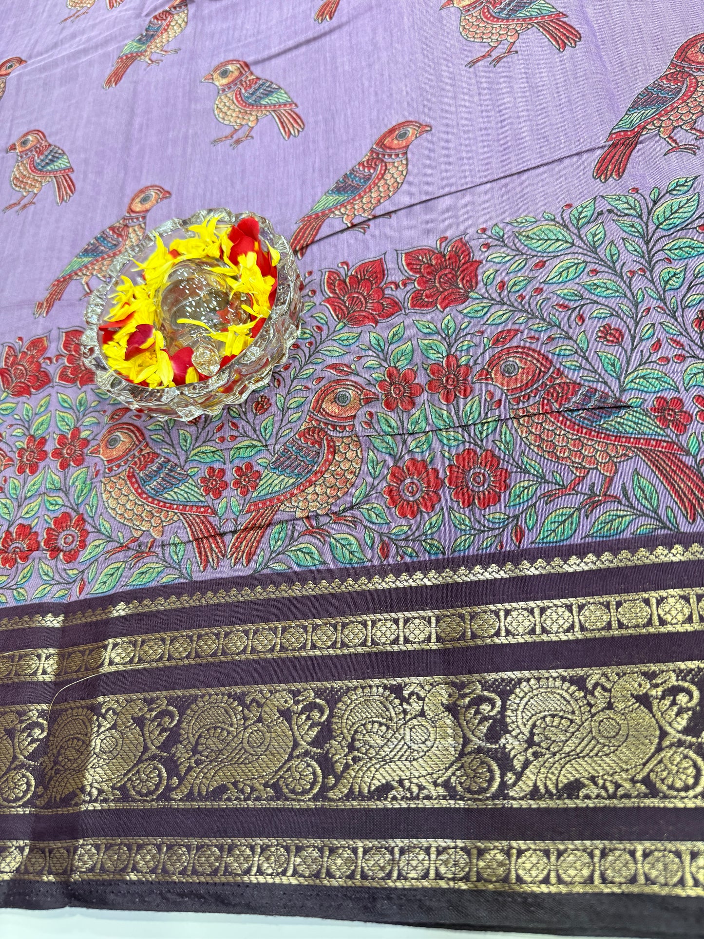 Venkatagiri style silk-blend printed saree with bird motifs and zari-style border, 6.3m women’s festive saree