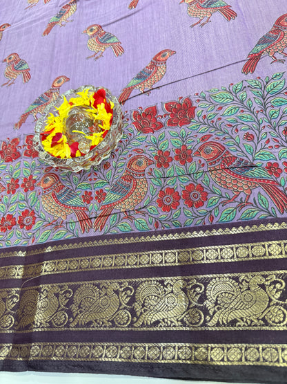 Venkatagiri style silk-blend printed saree with bird motifs and zari-style border, 6.3m women’s festive saree