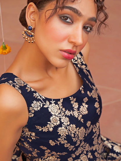 Navy Blue Sleeveless Embellished Fit and Flare Dress with Floral Design – Sizes M to 2XL