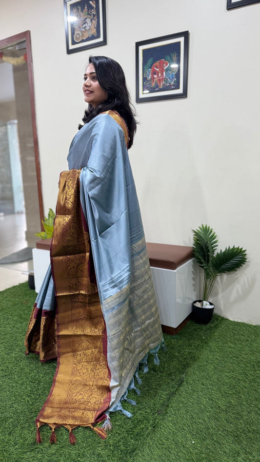 Kanjivaram Narayanpeth Silk Saree with Mor Designer Border and Contrast Pallu – With Blouse Piece