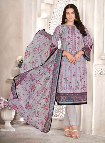 Unstitched Pure Cotton Cambric Suit Material with Self Embroidery and Mal Mal Dupatta