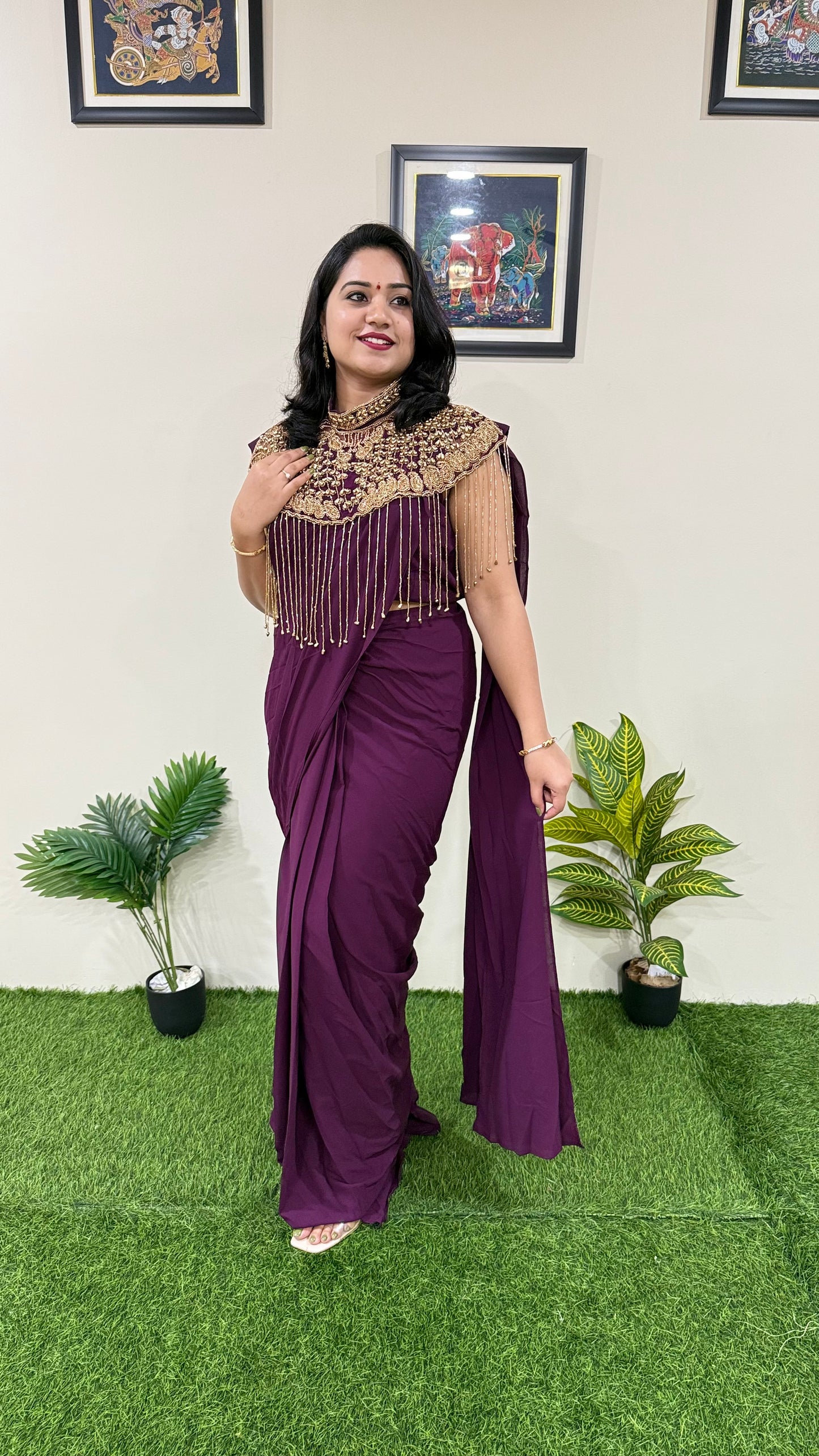 Pre-Draped Georgette Saree with Stitched Crop Top and Hand-Embroidered Cape – Ready-to-Wear Set for Women