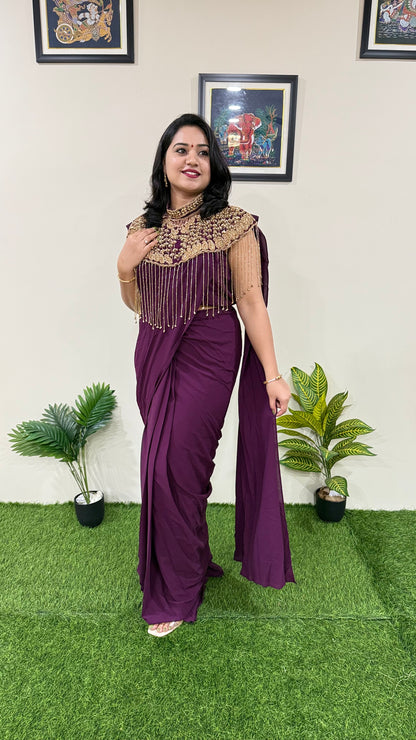 Pre-Draped Georgette Saree with Stitched Crop Top and Hand-Embroidered Cape – Ready-to-Wear Set for Women