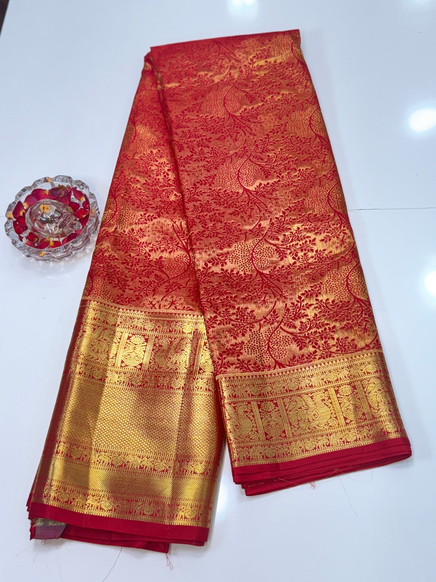 Bright Red Handloom Mulberry Silk Saree with Gold Zari Weaving and Blouse Piece for Women