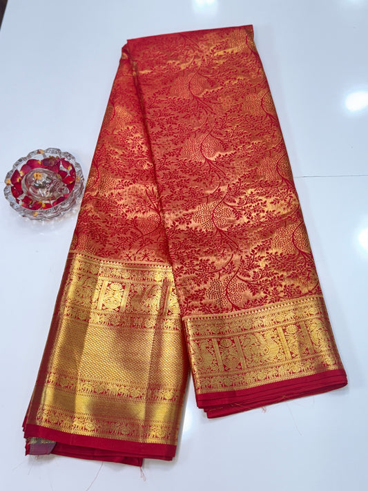 Bright Red Handloom Mulberry Silk Saree with Gold Zari Weaving and Blouse Piece for Women
